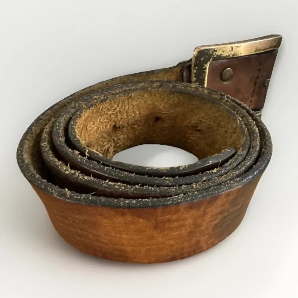 Old Navy Distressed Brown Leather Belt - Men's 36” - Brass Buckle 1.25” W
